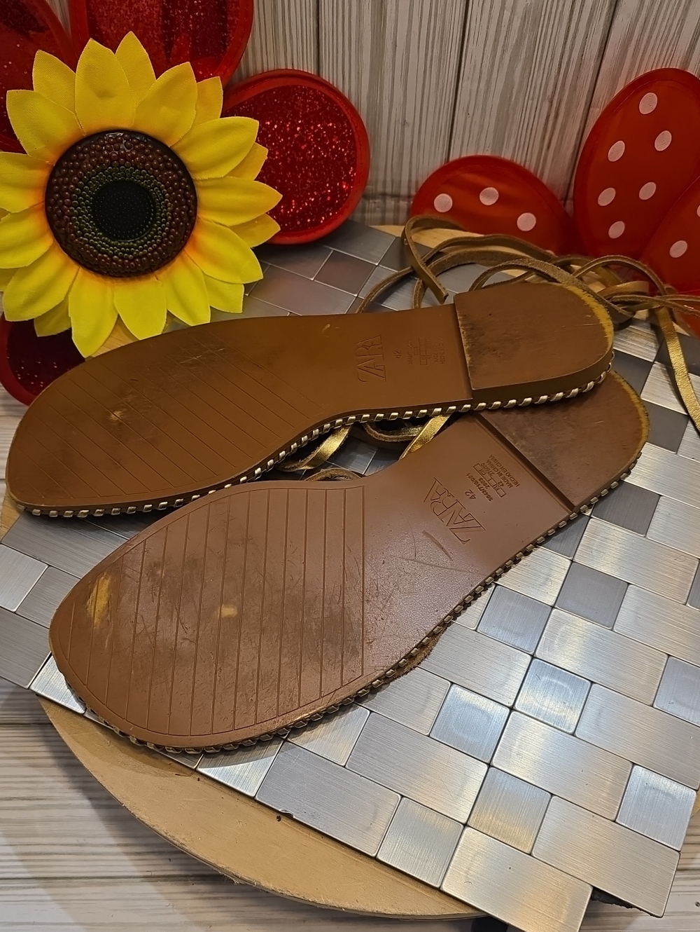 Zara Leather Gold Leather Lace-Up Sandals - Picture 7 of 7